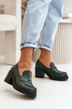 Zazoo 20168 Eleganckie Półbuty Damskie Na Słupku Skóra Naturalna Ciemnozielone