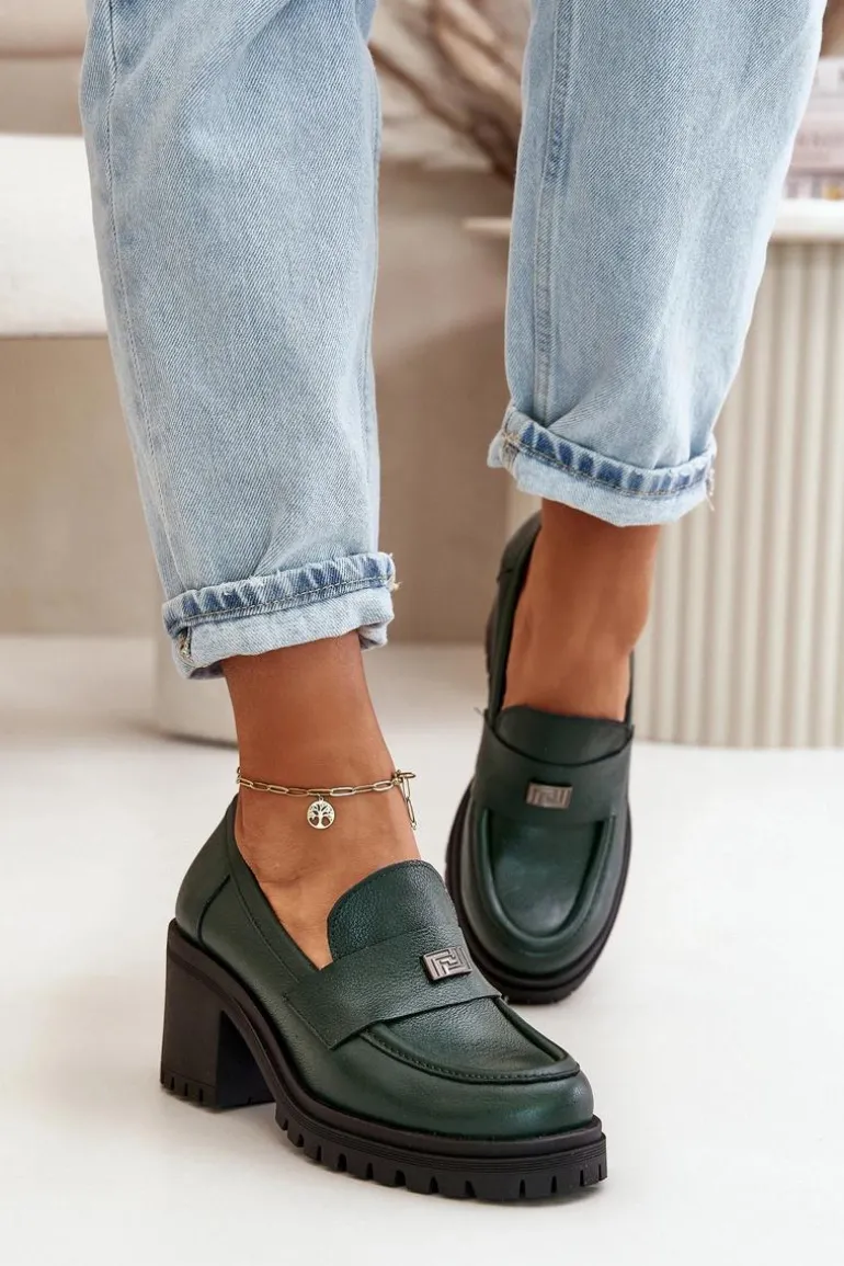 Zazoo 20168 Eleganckie Półbuty Damskie Na Słupku Skóra Naturalna Ciemnozielone