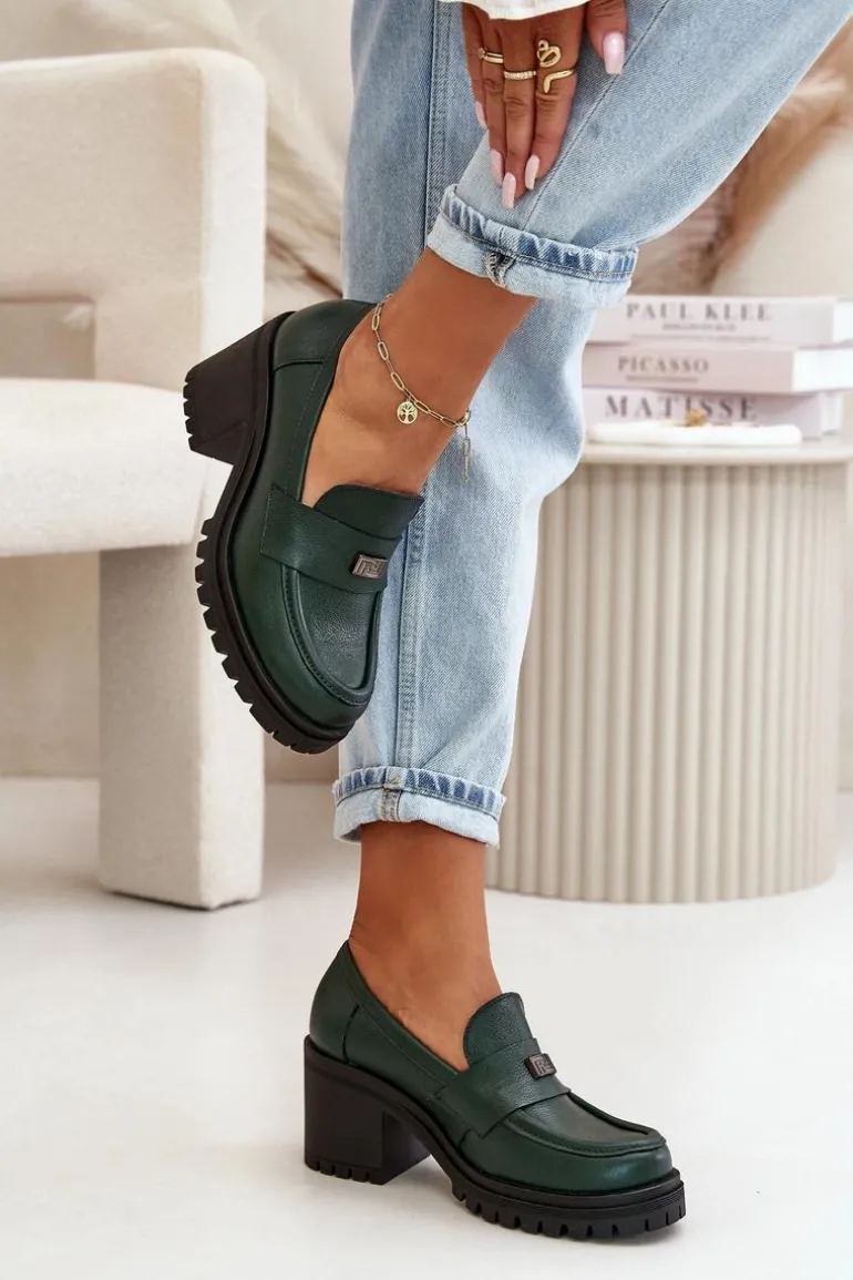 Zazoo 20168 Eleganckie Półbuty Damskie Na Słupku Skóra Naturalna Ciemnozielone