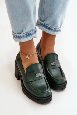 Zazoo 20168 Eleganckie Półbuty Damskie Na Słupku Skóra Naturalna Ciemnozielone