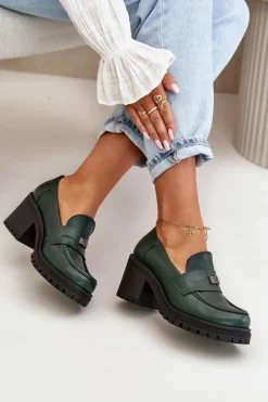 Zazoo 20168 Eleganckie Półbuty Damskie Na Słupku Skóra Naturalna Ciemnozielone