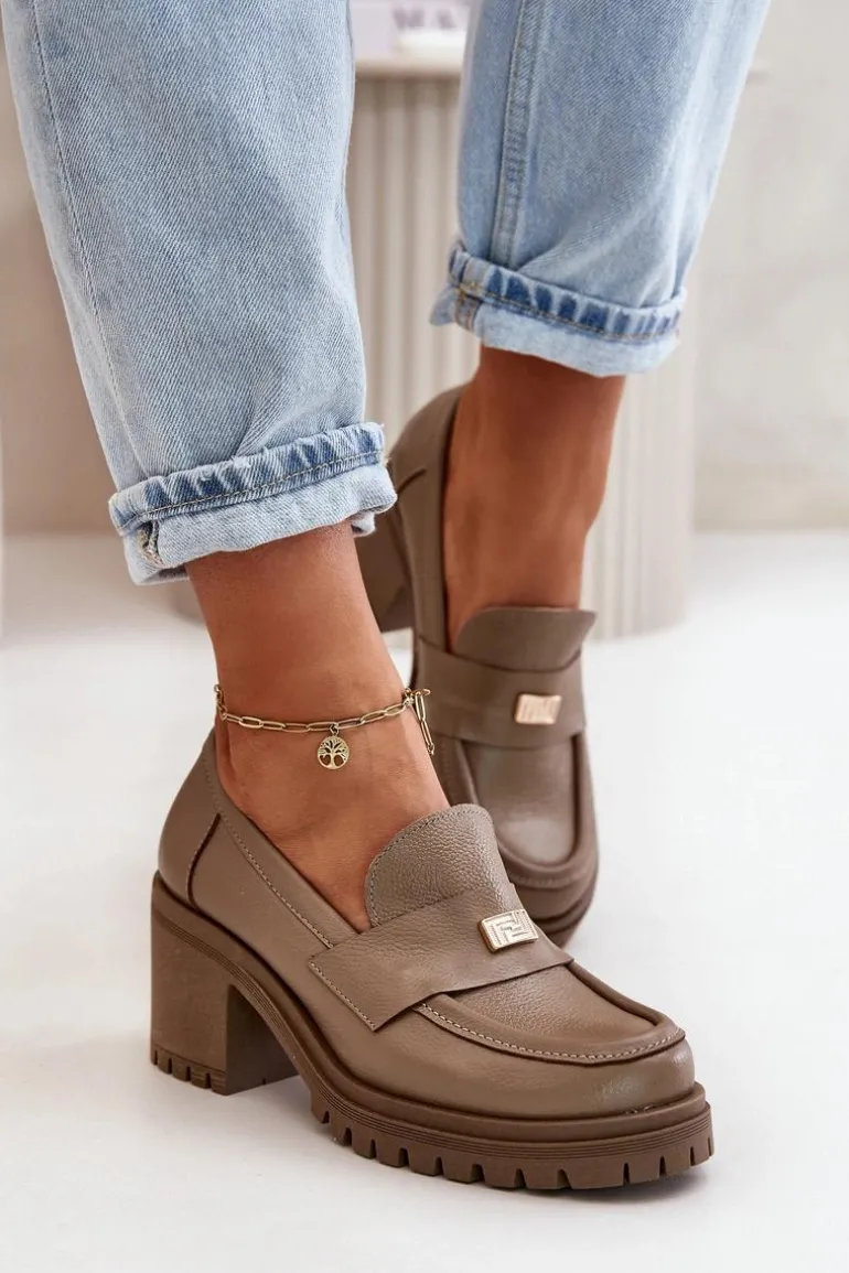 Zazoo 20168 Eleganckie Półbuty Damskie Na Słupku Skóra Naturalna Ciemnobeżowe