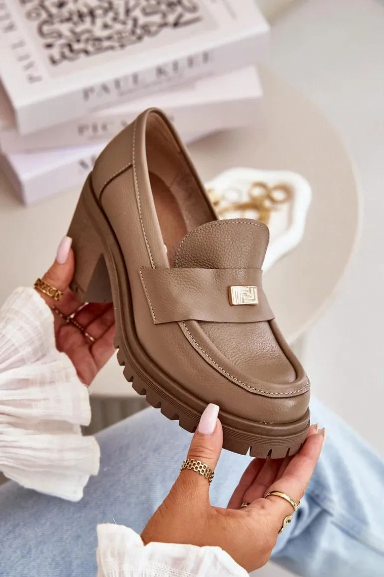 Zazoo 20168 Eleganckie Półbuty Damskie Na Słupku Skóra Naturalna Ciemnobeżowe