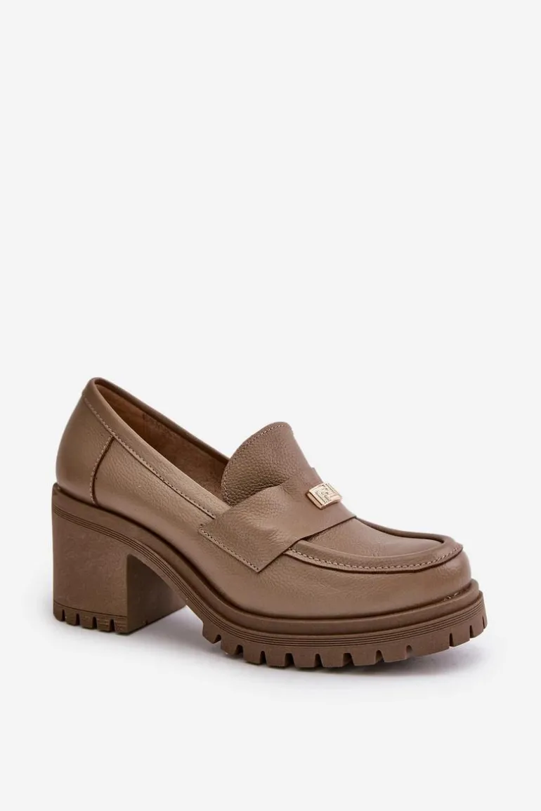 Zazoo 20168 Eleganckie Półbuty Damskie Na Słupku Skóra Naturalna Ciemnobeżowe