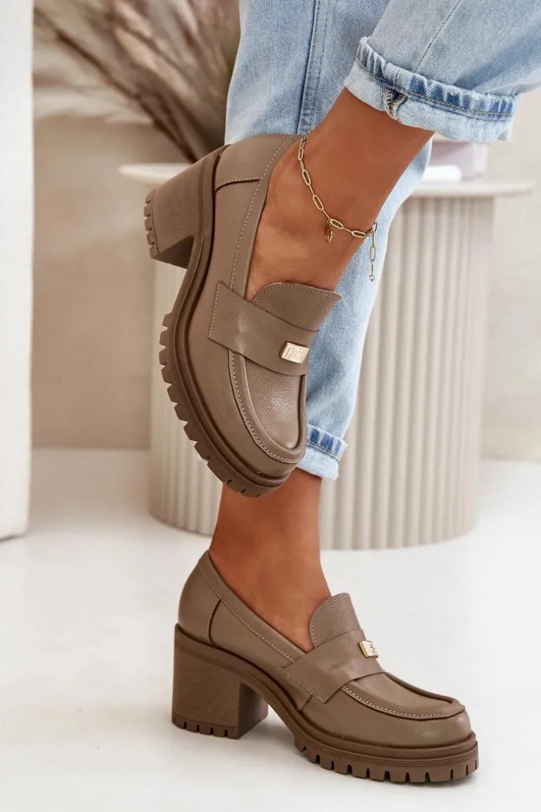 Zazoo 20168 Eleganckie Półbuty Damskie Na Słupku Skóra Naturalna Ciemnobeżowe