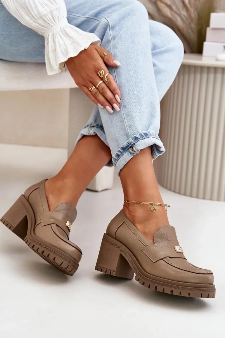 Zazoo 20168 Eleganckie Półbuty Damskie Na Słupku Skóra Naturalna Ciemnobeżowe