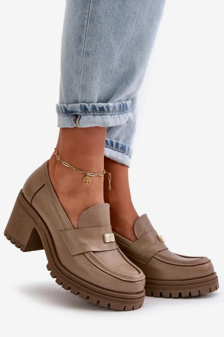 Zazoo 20168 Eleganckie Półbuty Damskie Na Słupku Skóra Naturalna Ciemnobeżowe