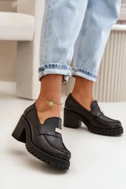 Zazoo 20168 Eleganckie Półbuty Damskie Na Słupku Skóra Naturalna Czarne