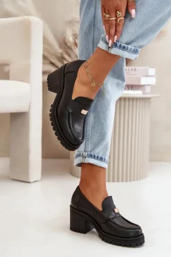 Zazoo 20168 Eleganckie Półbuty Damskie Na Słupku Skóra Naturalna Czarne