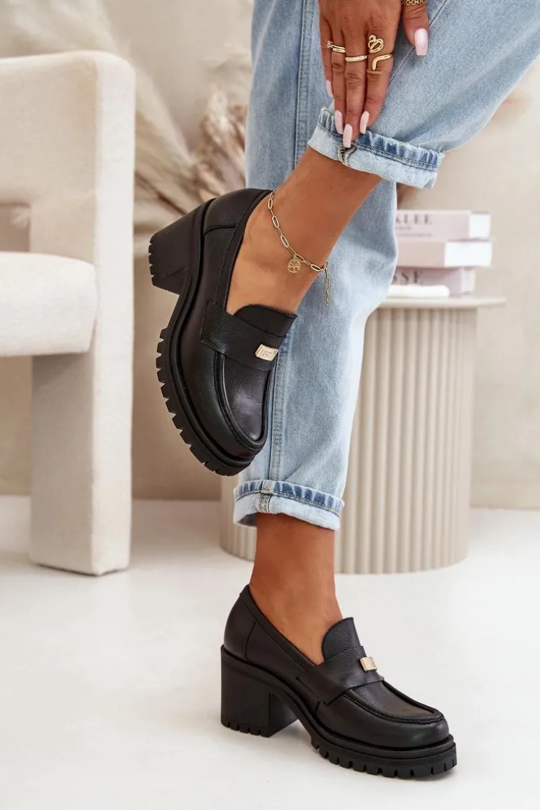 Zazoo 20168 Eleganckie Półbuty Damskie Na Słupku Skóra Naturalna Czarne