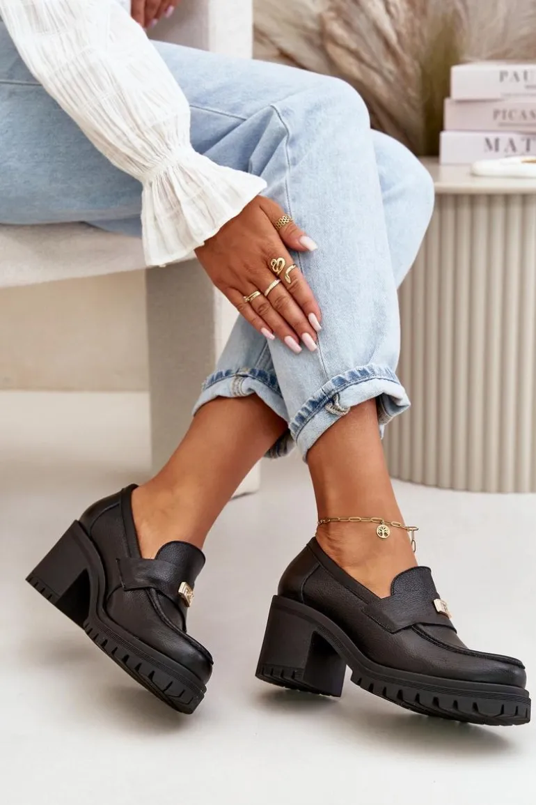 Zazoo 20168 Eleganckie Półbuty Damskie Na Słupku Skóra Naturalna Czarne