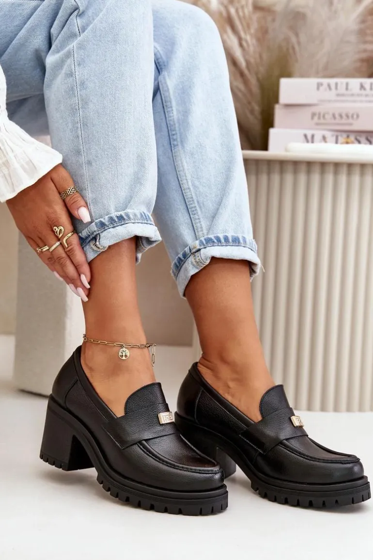 Zazoo 20168 Eleganckie Półbuty Damskie Na Słupku Skóra Naturalna Czarne