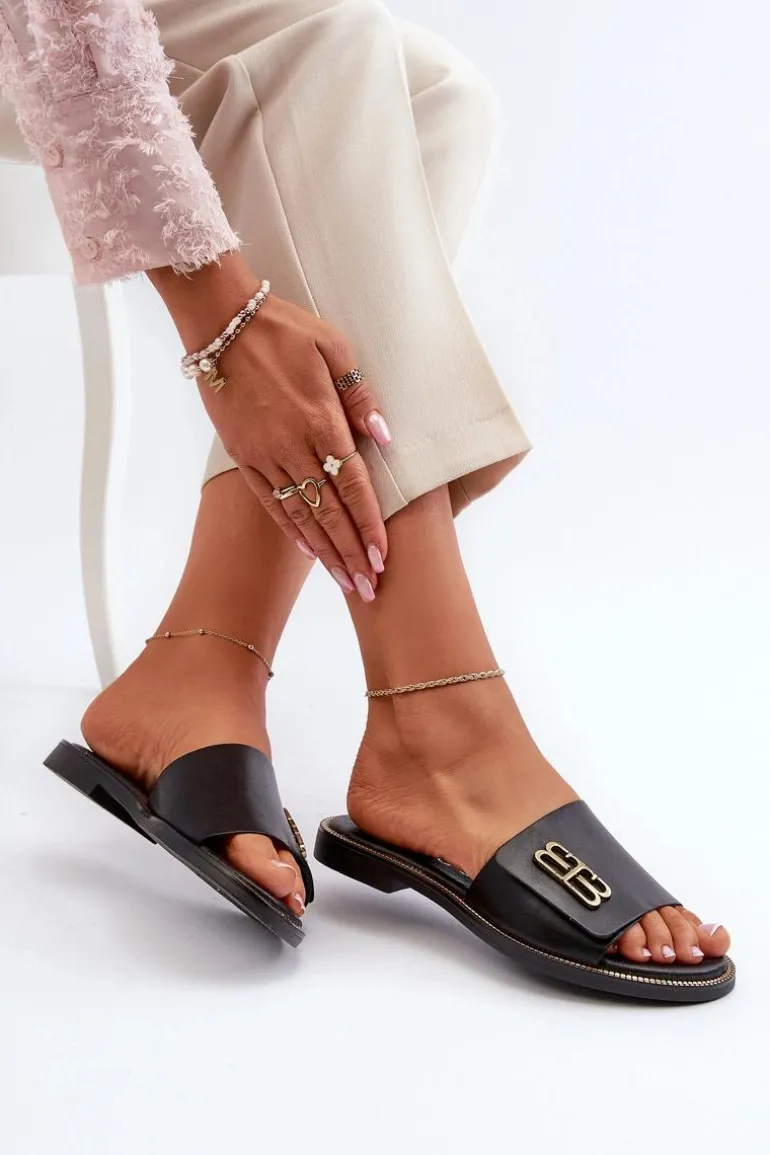 Zazoo 40384 Eleganckie Skórzane Klapki Damskie Czarne