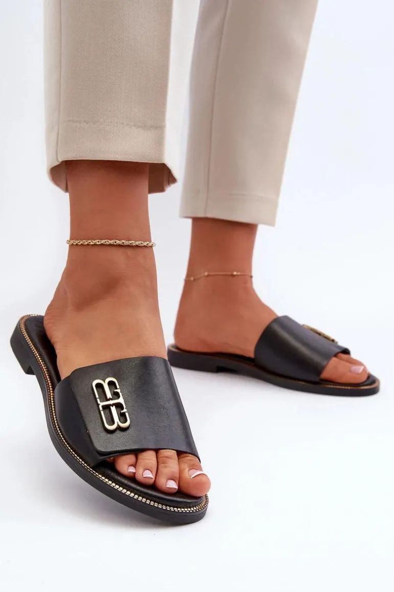 Zazoo 40384 Eleganckie Skórzane Klapki Damskie Czarne