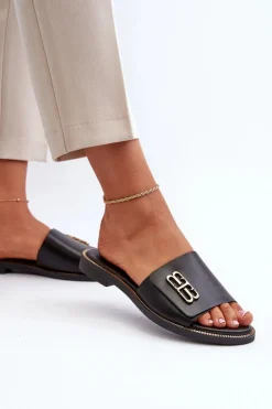 Zazoo 40384 Eleganckie Skórzane Klapki Damskie Czarne