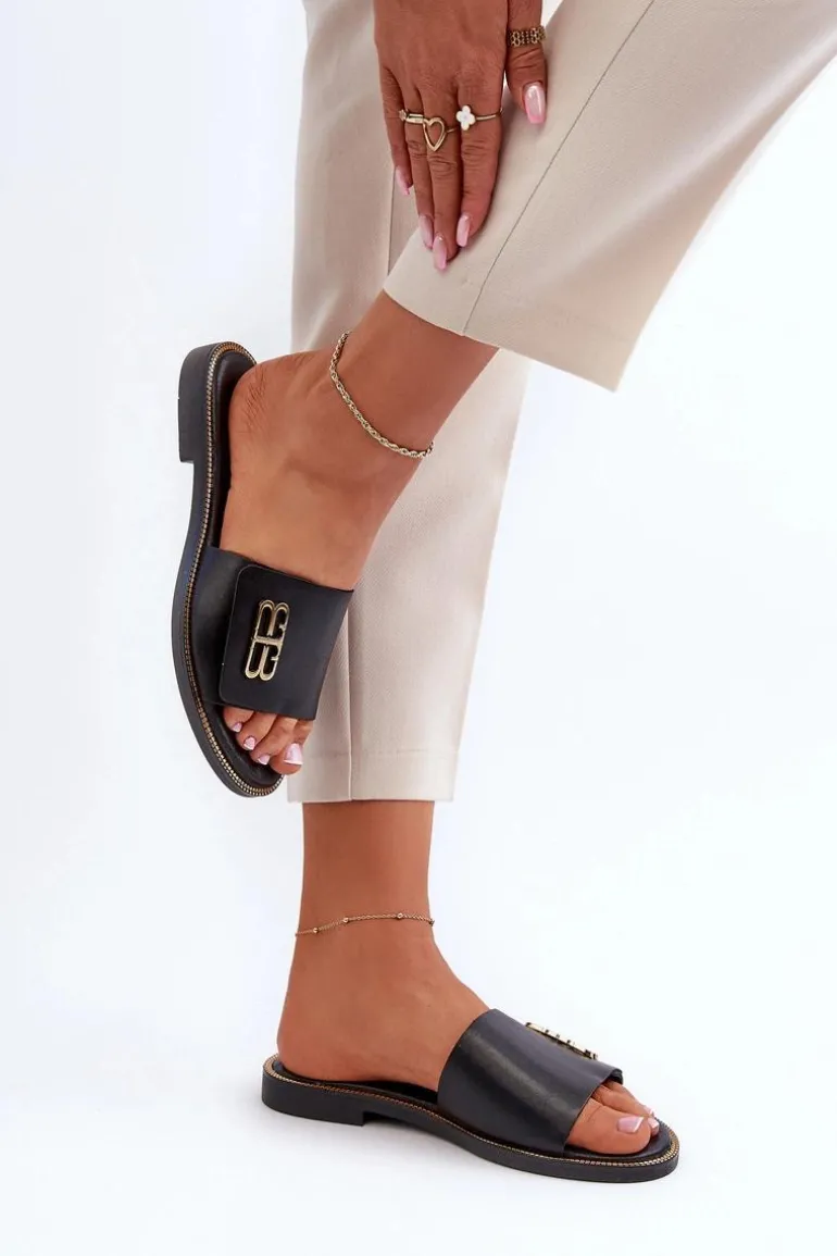 Zazoo 40384 Eleganckie Skórzane Klapki Damskie Czarne