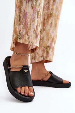 Zazoo 2896 Klapki Damskie Skórzane Czarne