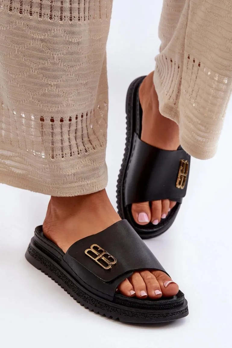 Zazoo 50101 Klapki Damskie Skórzane Na Platformie Czarne