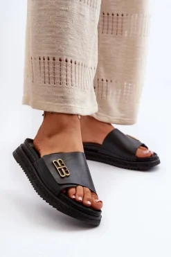 Zazoo 50101 Klapki Damskie Skórzane Na Platformie Czarne