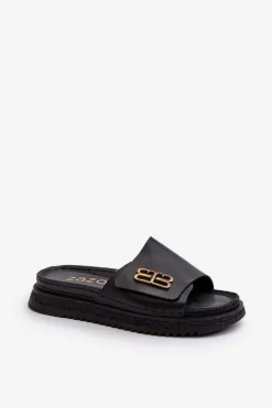 Zazoo 50101 Klapki Damskie Skórzane Na Platformie Czarne