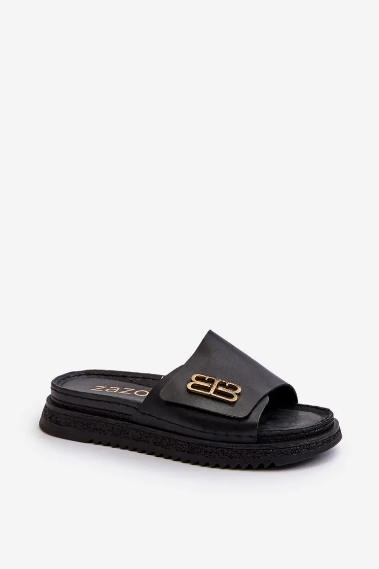 Zazoo 50101 Klapki Damskie Skórzane Na Platformie Czarne