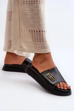 Zazoo 50101 Klapki Damskie Skórzane Na Platformie Czarne