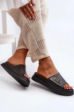 Zazoo 50101 Klapki Damskie Skórzane Na Platformie Czarne