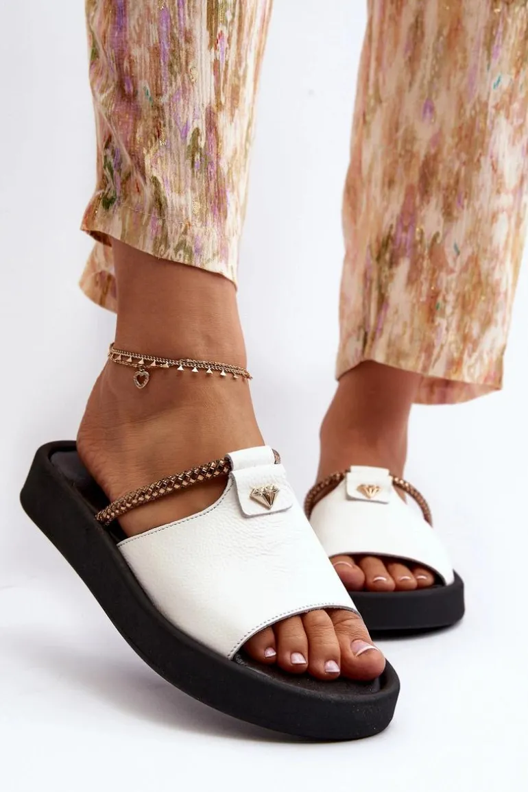 Zazoo 2896 Klapki Damskie Skórzane Białe