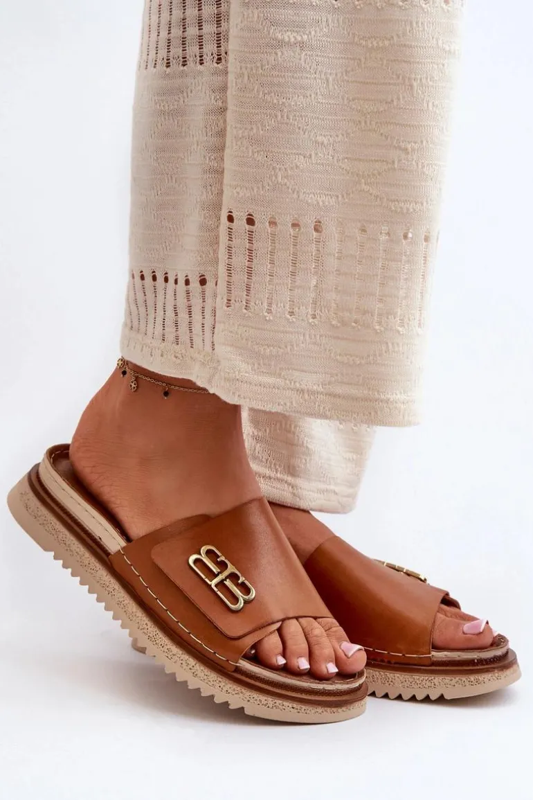 Zazoo 50101 Klapki Damskie Skórzane Na Platformie Brązowe