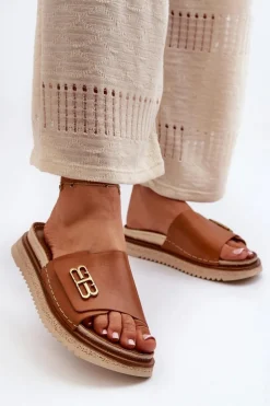 Zazoo 50101 Klapki Damskie Skórzane Na Platformie Brązowe