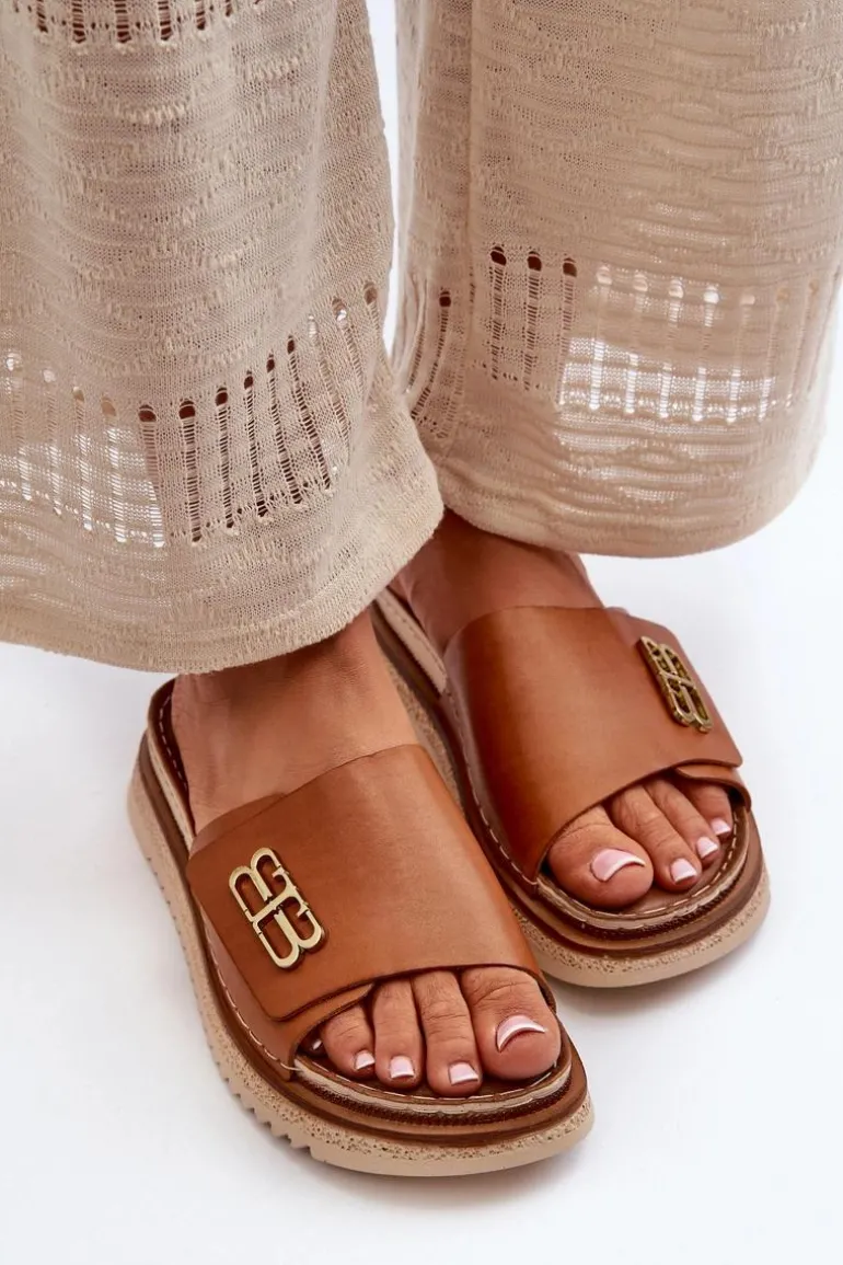 Zazoo 50101 Klapki Damskie Skórzane Na Platformie Brązowe