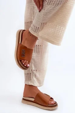 Zazoo 50101 Klapki Damskie Skórzane Na Platformie Brązowe