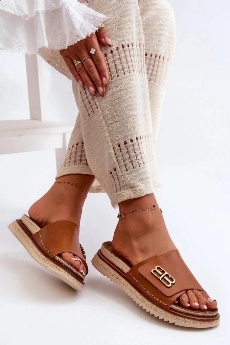 Zazoo 50101 Klapki Damskie Skórzane Na Platformie Brązowe