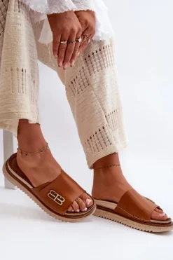 Zazoo 50101 Klapki Damskie Skórzane Na Platformie Brązowe