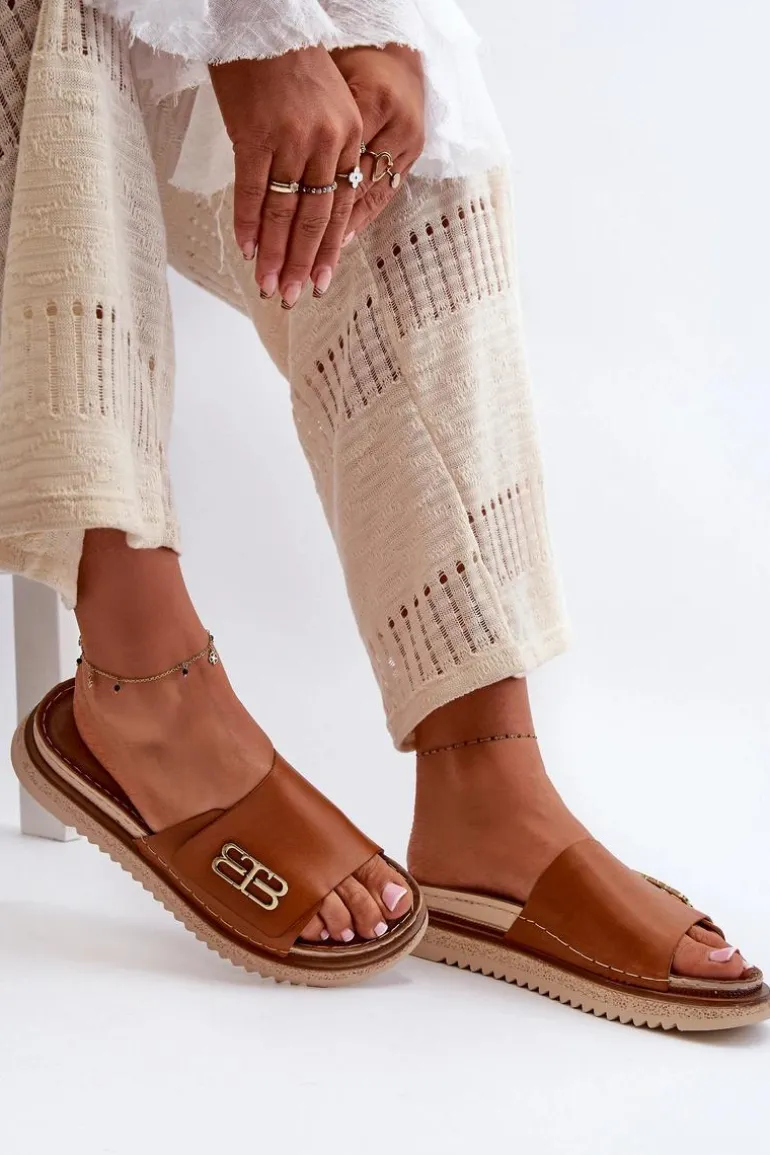 Zazoo 50101 Klapki Damskie Skórzane Na Platformie Brązowe