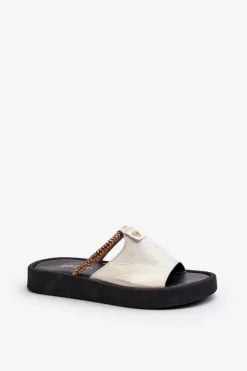Zazoo 2896 Klapki Damskie Skórzane Biało-Złote