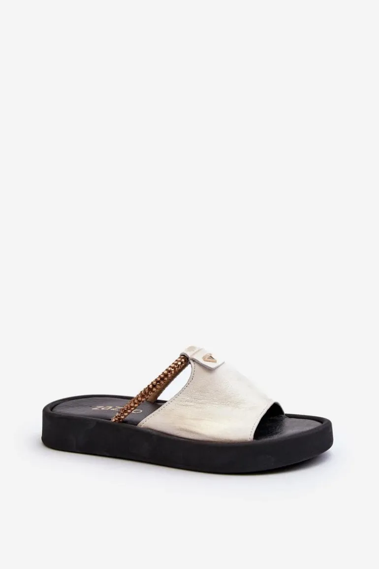 Zazoo 2896 Klapki Damskie Skórzane Biało-Złote