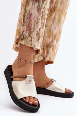 Zazoo 2896 Klapki Damskie Skórzane Biało-Złote