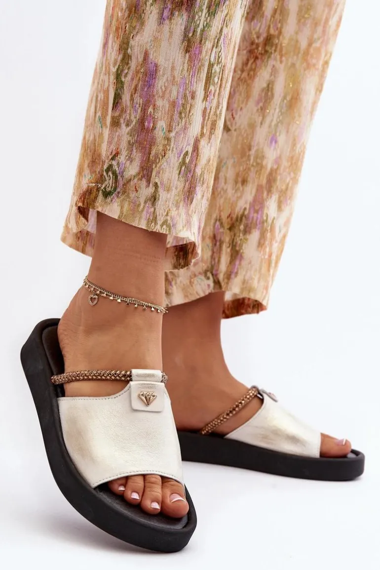 Zazoo 2896 Klapki Damskie Skórzane Biało-Złote