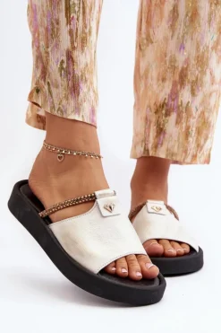 Zazoo 2896 Klapki Damskie Skórzane Biało-Złote