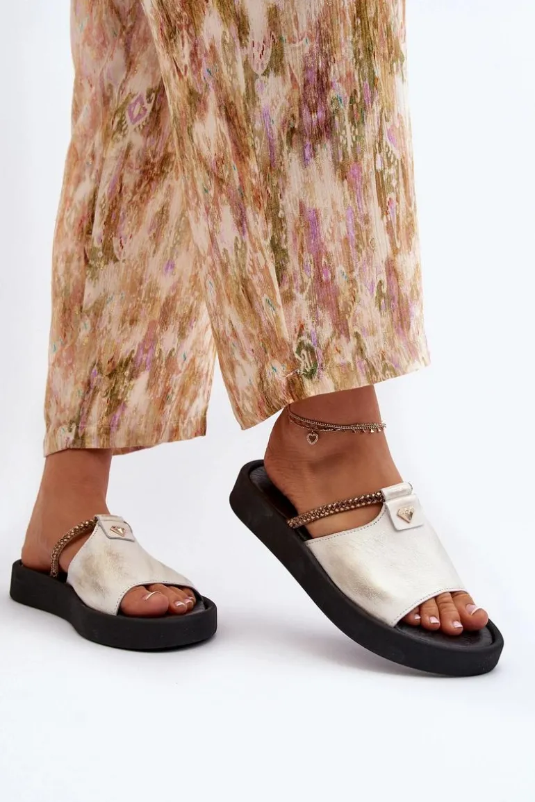 Zazoo 2896 Klapki Damskie Skórzane Biało-Złote