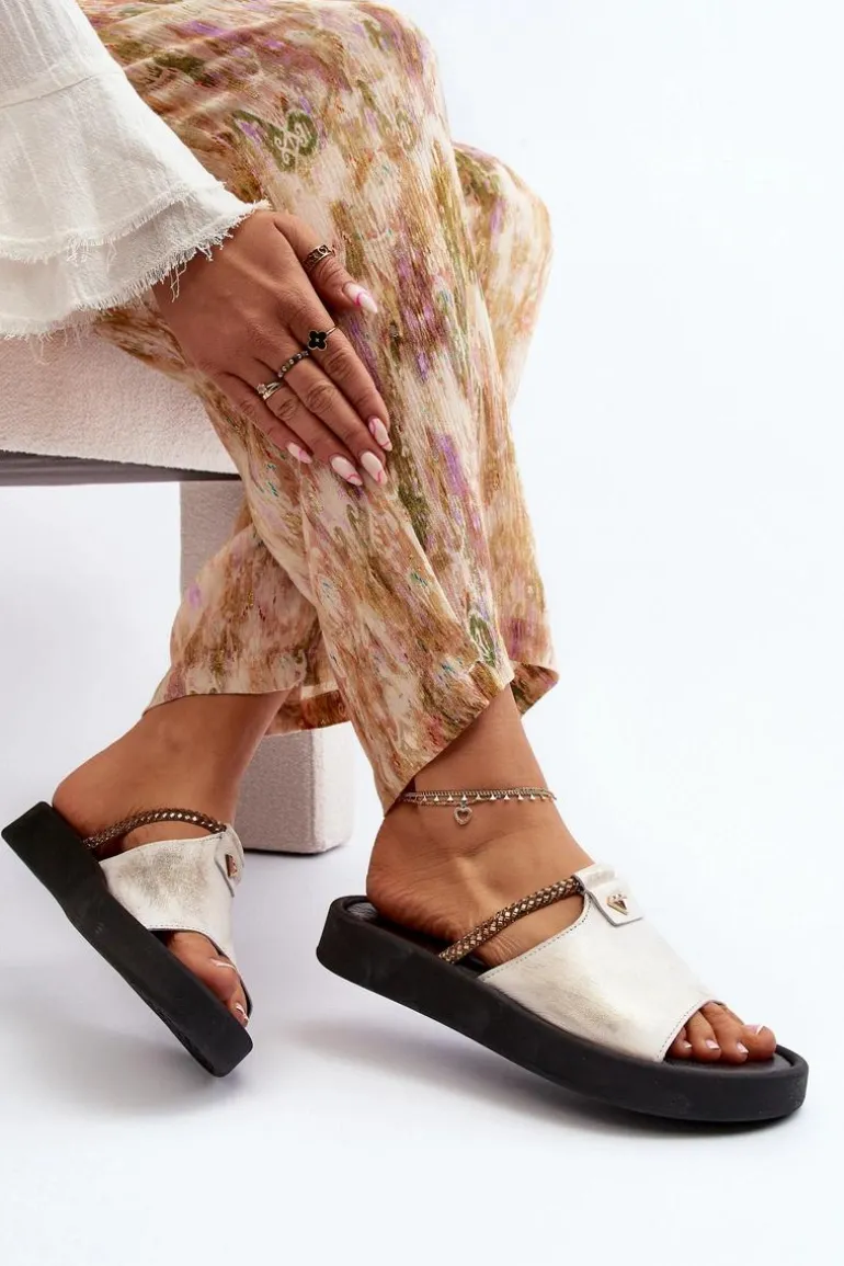 Zazoo 2896 Klapki Damskie Skórzane Biało-Złote