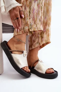 Zazoo 2896 Klapki Damskie Skórzane Biało-Złote