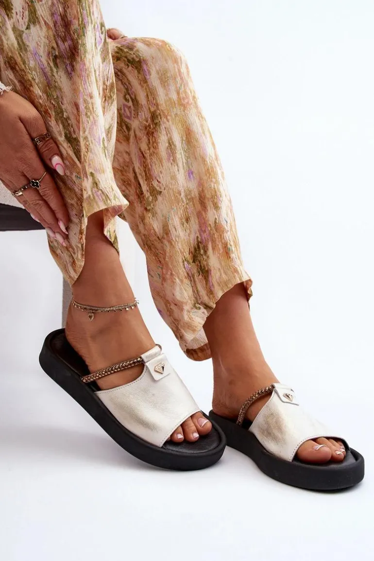 Zazoo 2896 Klapki Damskie Skórzane Biało-Złote