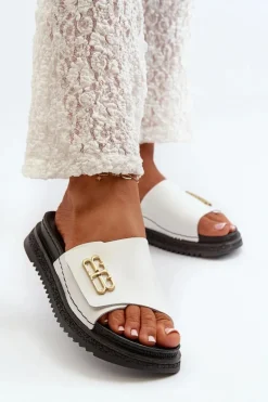 Zazoo 50101 Klapki Damskie Skórzane Na Platformie Białe