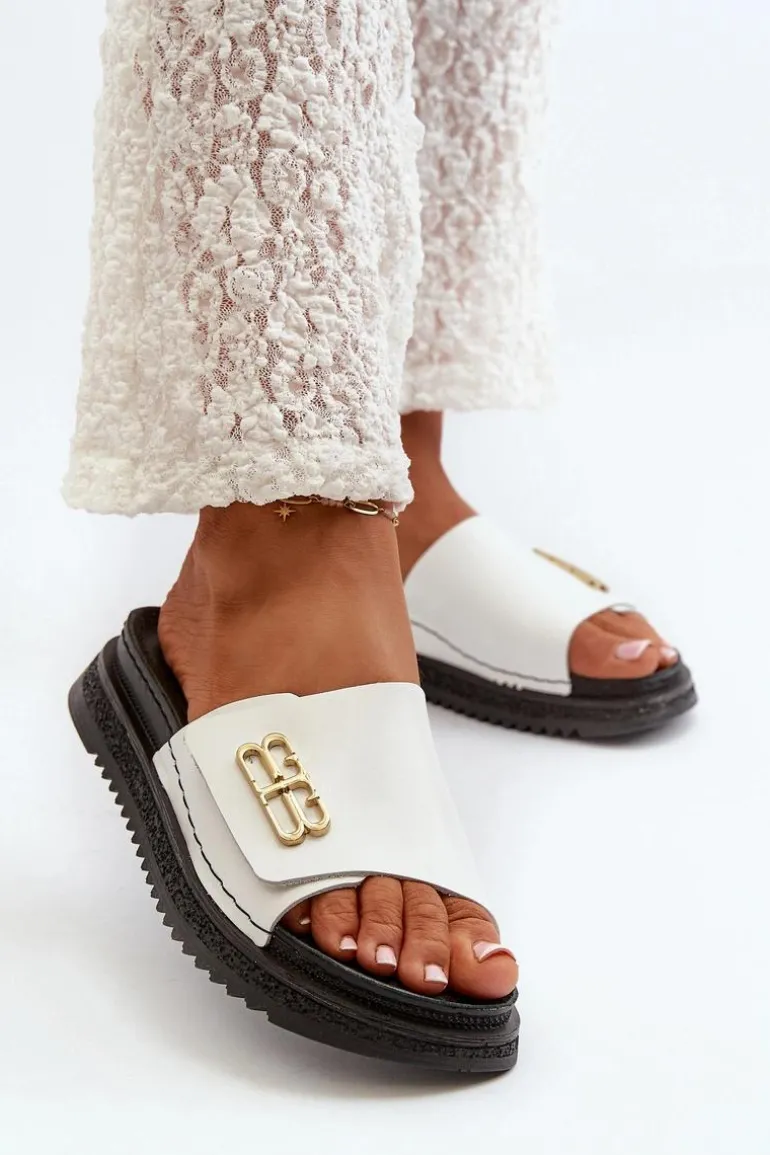 Zazoo 50101 Klapki Damskie Skórzane Na Platformie Białe