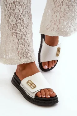 Zazoo 50101 Klapki Damskie Skórzane Na Platformie Białe