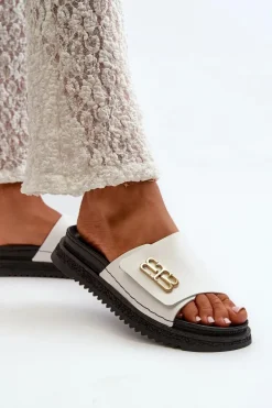 Zazoo 50101 Klapki Damskie Skórzane Na Platformie Białe