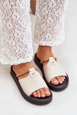 Zazoo 2896 Klapki Damskie Skórzane Beżowe