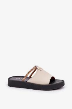 Zazoo 2896 Klapki Damskie Skórzane Beżowe